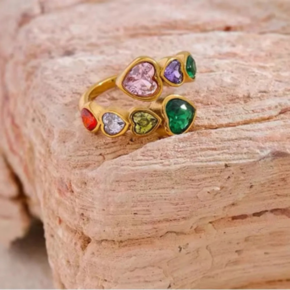 Diva Multicolor Crystal Heart 18K Gold Stainless Steel Waterproof Ring - Picture 8 of 17